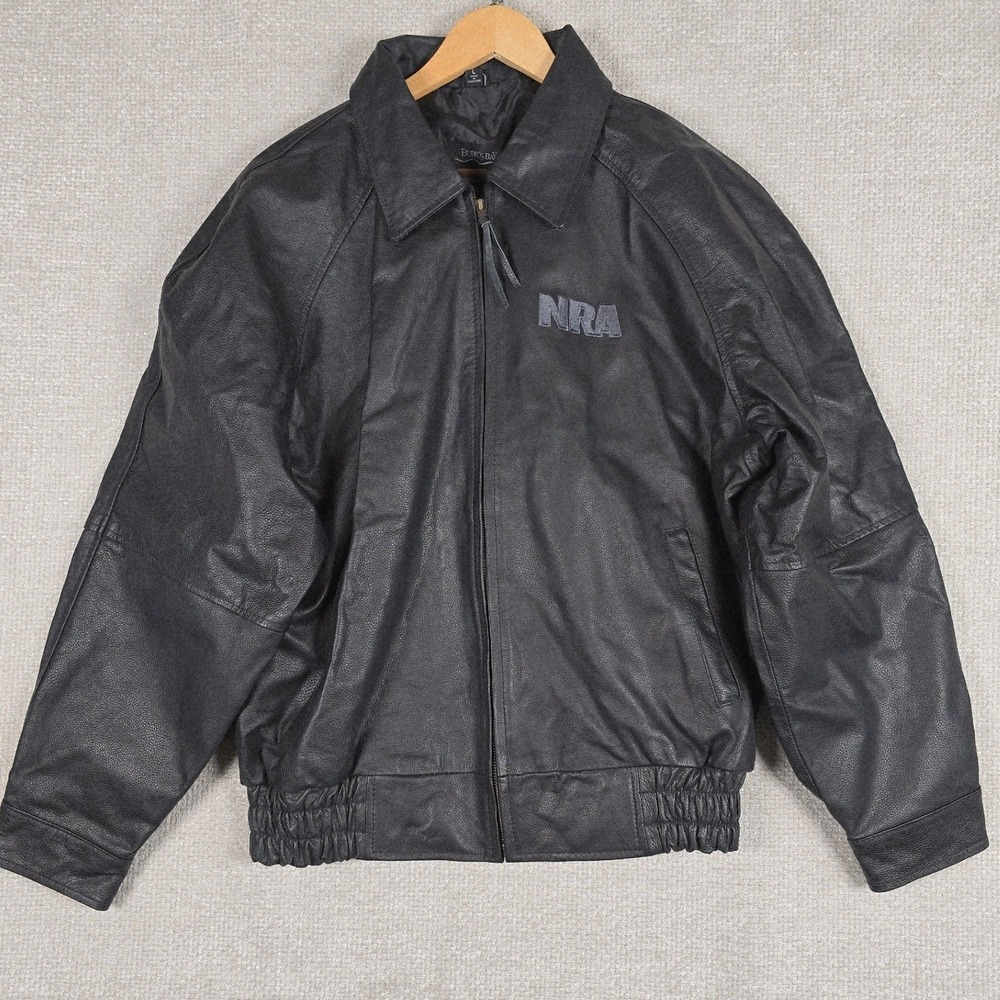 Vintage Burk's Bay NRA Logo Black Leather Jacket Men's L Full Zip Biker Bomber
